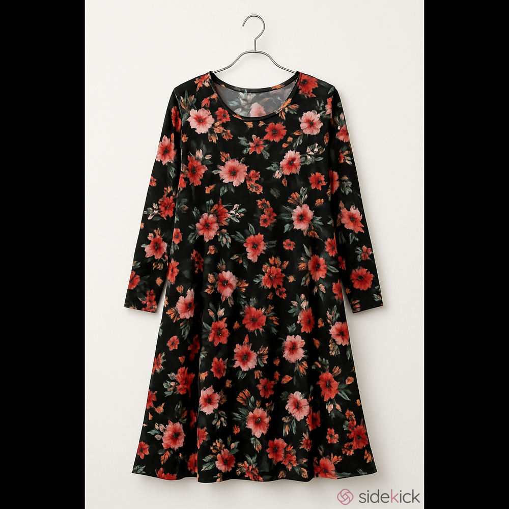PINC Women’s Black Floral Long Sleeve Fit & Flare Mini Dress L/XL